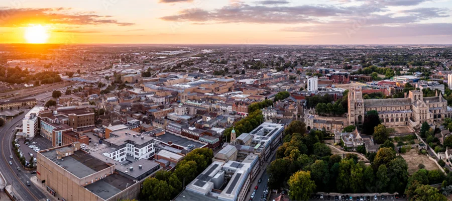 Aerial View of Peterborough City Centre at sunset